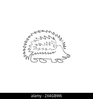 Single continuous line drawing of cute little baby hedgehog for logo identity. Funny tiny thorny mammal rodent concept for pet lover icon. Dynamic one Stock Vector