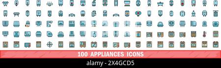 100 appliances icons set. Color line set of appliances vector icons thin line color flat on white Stock Vector