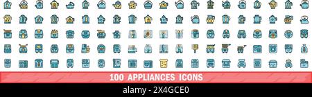 100 appliances icons set. Color line set of appliances vector icons thin line color flat on white Stock Vector