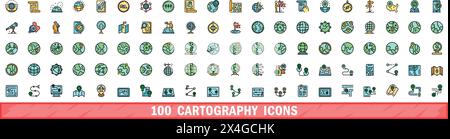 100 cartography icons set. Color line set of cartography vector icons thin line color flat on white Stock Vector