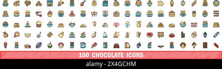 100 chocolate icons set. Color line set of chocolate vector icons thin line color flat on white Stock Vector