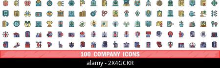 100 company icons set. Color line set of company vector icons thin line color flat on white Stock Vector