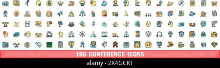 100 conference icons set. Color line set of conference vector icons thin line color flat on white Stock Vector
