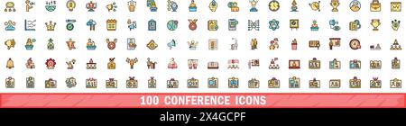 100 conference icons set. Color line set of conference vector icons thin line color flat on white Stock Vector