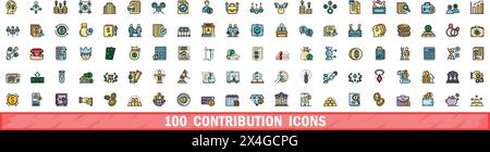 100 contribution icons set. Color line set of contribution vector icons thin line color flat on white Stock Vector