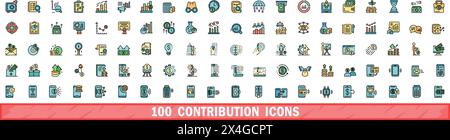 100 contribution icons set. Color line set of contribution vector icons thin line color flat on white Stock Vector