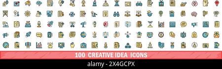 100 creative idea icons set. Color line set of creative idea vector icons thin line color flat on white Stock Vector
