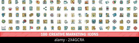100 creative marketing icons set. Color line set of creative marketing vector icons thin line color flat on white Stock Vector