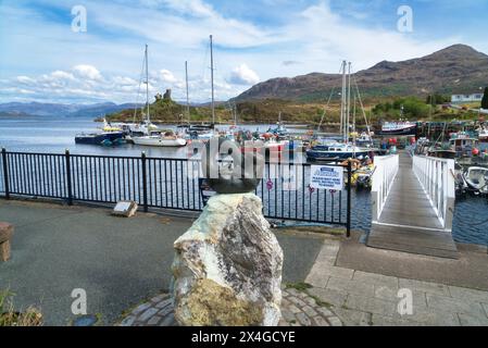 Looking east down Loch Alsh from Kyleakin harbour, Isle of Skye.  Fishing Boats in harbour. Showing ruined Moil Castle. Skye, Highlands, Scotland, uk Stock Photo