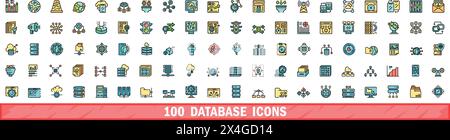 100 database icons set. Color line set of database vector icons thin line color flat on white Stock Vector