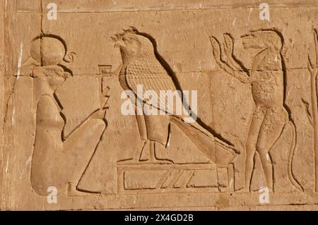 Edfu, Egypt. Temple of Horus. Built from 237 BC to 57 BC. Dedicated to the falcon god Horus. Relief on one of the walls. Stock Photo