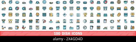 100 dish icons set. Color line set of dish vector icons thin line color flat on white Stock Vector