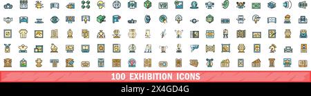 100 exhibition icons set. Color line set of exhibition vector icons thin line color flat on white Stock Vector
