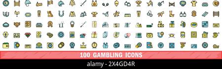 100 gambling icons set. Color line set of gambling vector icons thin line color flat on white Stock Vector