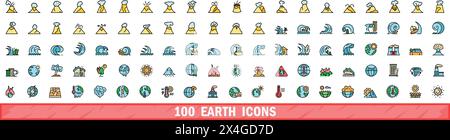 100 earth icons set. Color line set of earth vector icons thin line color flat on white Stock Vector