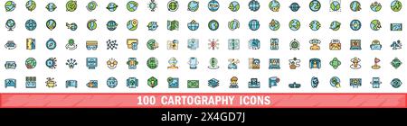 100 cartography icons set. Color line set of cartography vector icons thin line color flat on white Stock Vector