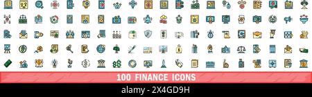 100 finance icons set. Color line set of finance vector icons thin line color flat on white Stock Vector