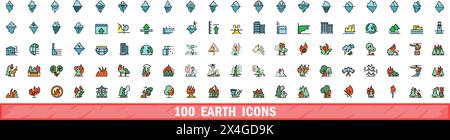 100 earth icons set. Color line set of earth vector icons thin line color flat on white Stock Vector