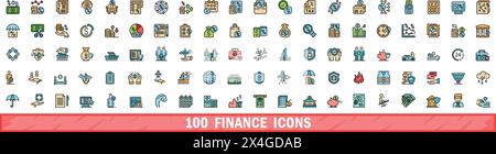 100 finance icons set. Color line set of finance vector icons thin line color flat on white Stock Vector