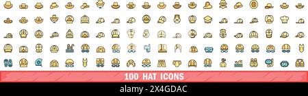 100 hat icons set. Color line set of hat vector icons thin line color flat on white Stock Vector