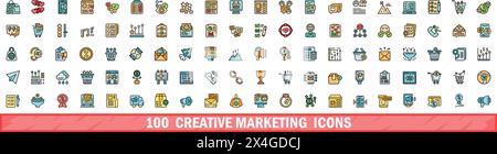 100 creative marketing icons set. Color line set of creative marketing vector icons thin line color flat on white Stock Vector