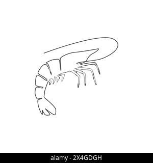 Single continuous line drawing of big shrimp for healthy seafood logo identity. Prawn mascot concept for farming cultivation icon. One line draw desig Stock Vector