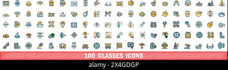100 glasses icons set. Color line set of glasses vector icons thin line color flat on white Stock Vector