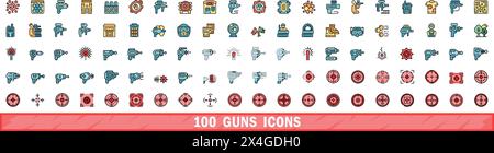 100 guns icons set. Color line set of guns vector icons thin line color flat on white Stock Vector