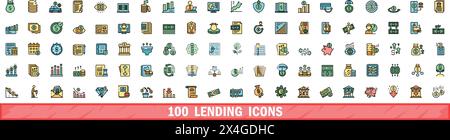 100 lending icons set. Color line set of lending vector icons thin line color flat on white Stock Vector