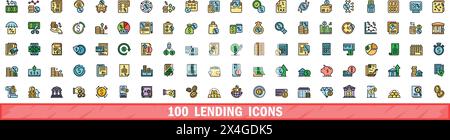 100 lending icons set. Color line set of lending vector icons thin line color flat on white Stock Vector