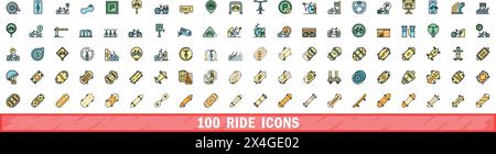 100 ride icons set. Color line set of ride vector icons thin line color flat on white Stock Vector