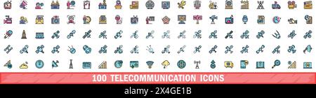 100 telecommunication icons set. Color line set of telecommunication vector icons thin line color flat on white Stock Vector