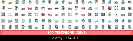 100 telephone icons set. Color line set of telephone vector icons thin line color flat on white Stock Vector