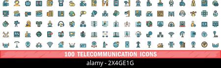 100 telecommunication icons set. Color line set of telecommunication vector icons thin line color flat on white Stock Vector