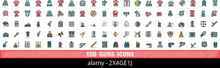100 guns icons set. Color line set of guns vector icons thin line color flat on white Stock Vector