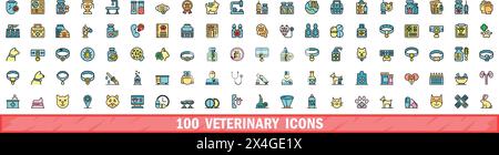 100 veterinary icons set. Color line set of veterinary vector icons thin line color flat on white Stock Vector