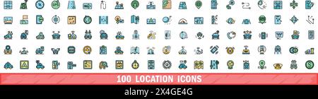100 location icons set. Color line set of location vector icons thin line color flat on white Stock Vector