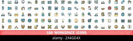 100 workspace icons set. Color line set of workspace vector icons thin line color flat on white Stock Vector