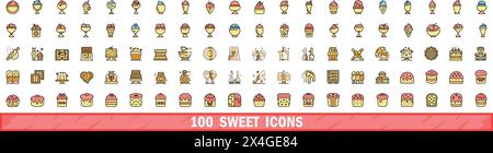 100 sweet icons set. Color line set of sweet vector icons thin line color flat on white Stock Vector
