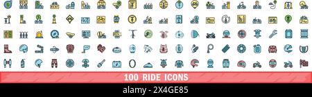 100 ride icons set. Color line set of ride vector icons thin line color flat on white Stock Vector