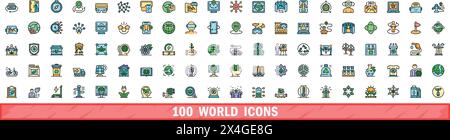 100 world icons set. Color line set of world vector icons thin line color flat on white Stock Vector