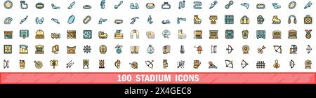 100 stadium icons set. Color line set of stadium vector icons thin line color flat on white Stock Vector