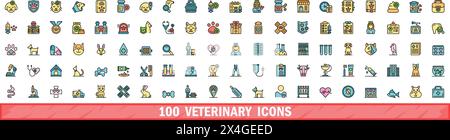 100 veterinary icons set. Color line set of veterinary vector icons thin line color flat on white Stock Vector
