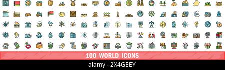 100 world icons set. Color line set of world vector icons thin line color flat on white Stock Vector