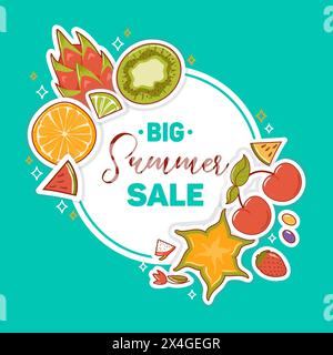 Big summer sale. Square banner in vintage style. Tropical fruits. Healthy food. Retro design. For advertising, website, poster, flyer Stock Vector