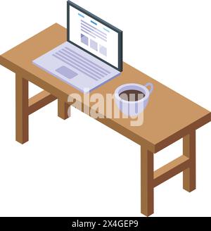 Laptop on desktop table icon isometric vector. Work with coffee cup. Home office Stock Vector