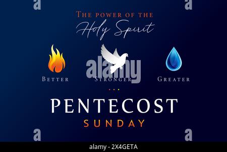 Pentecost Sunday banner - The power of the Holy Spirit with flame, dove and water icons. Vector illustration Stock Vector