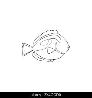 Single one line drawing of funny blue tang fish for aquatic company logo identity. Beauty surgeonfish mascot concept for aquarium show icon. Modern co Stock Vector