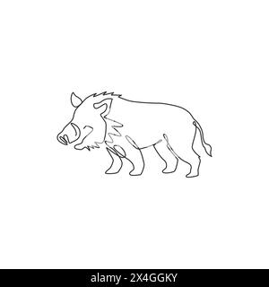 One continuous line drawing of savage common warthog for company logo identity. African savanna pig mascot concept for national safari park icon. Mode Stock Vector