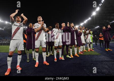 Bayer Leverkusen players celebrate the victory at the end of the Europa League football match between AS Roma and Bayer Leverkusen at Olimpico stadium in Rome (Italy), May 2nd, 2024. Stock Photo